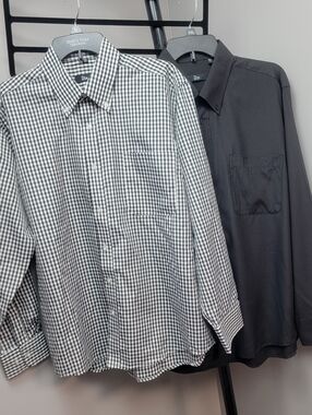 2 Pices Men’s Pinpoint Black White Checked Dress Shirt Button Down Size 16.5/42